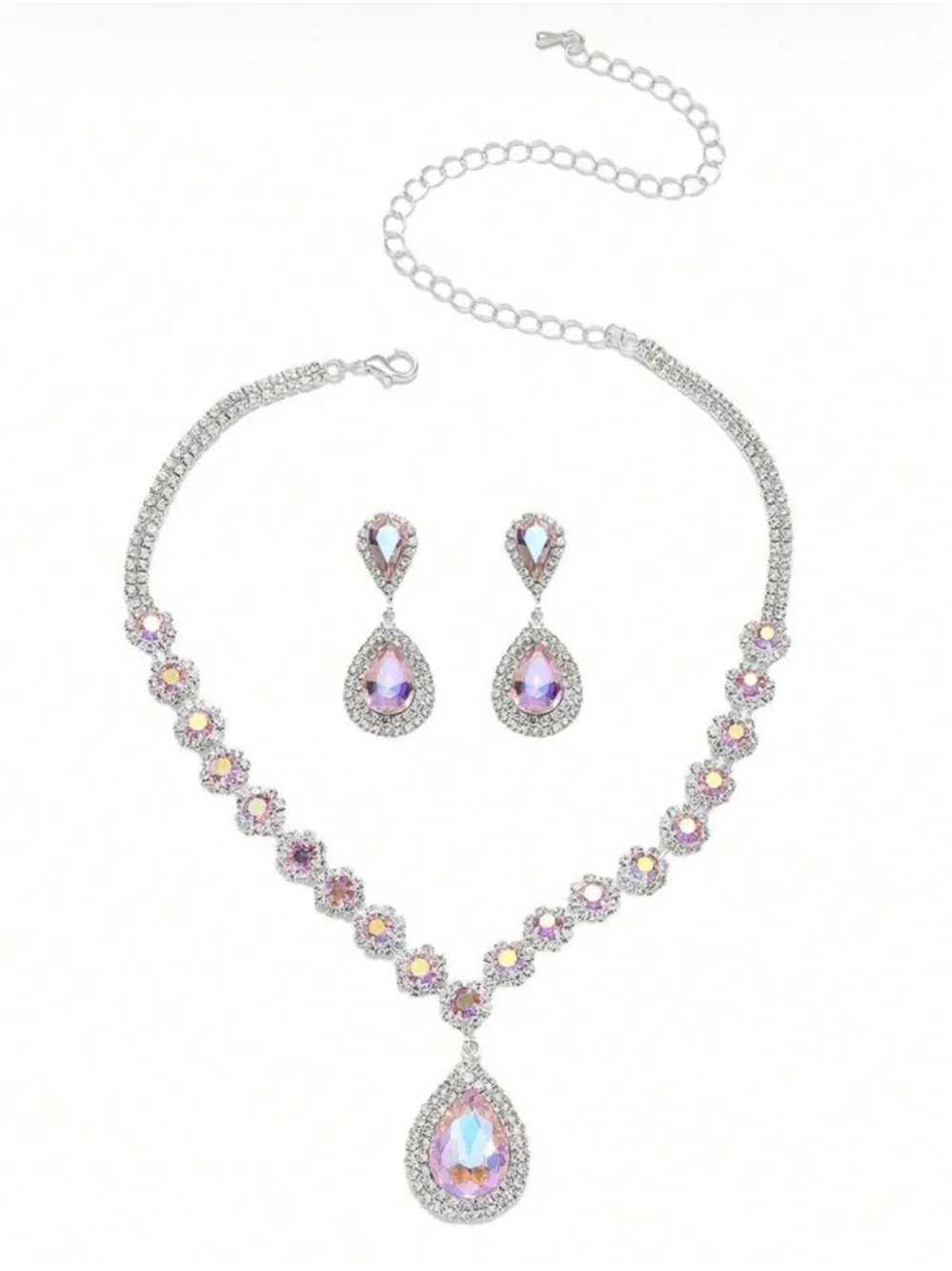 Elegant Pink Crystal Teardrop Necklace and Earring Set
